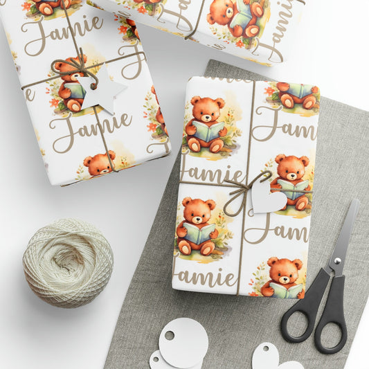Bear Personalised Name Gift Wrapping Paper Roll, Cute Kids Baby Birthday Wrap Paper, Baby Shower Present