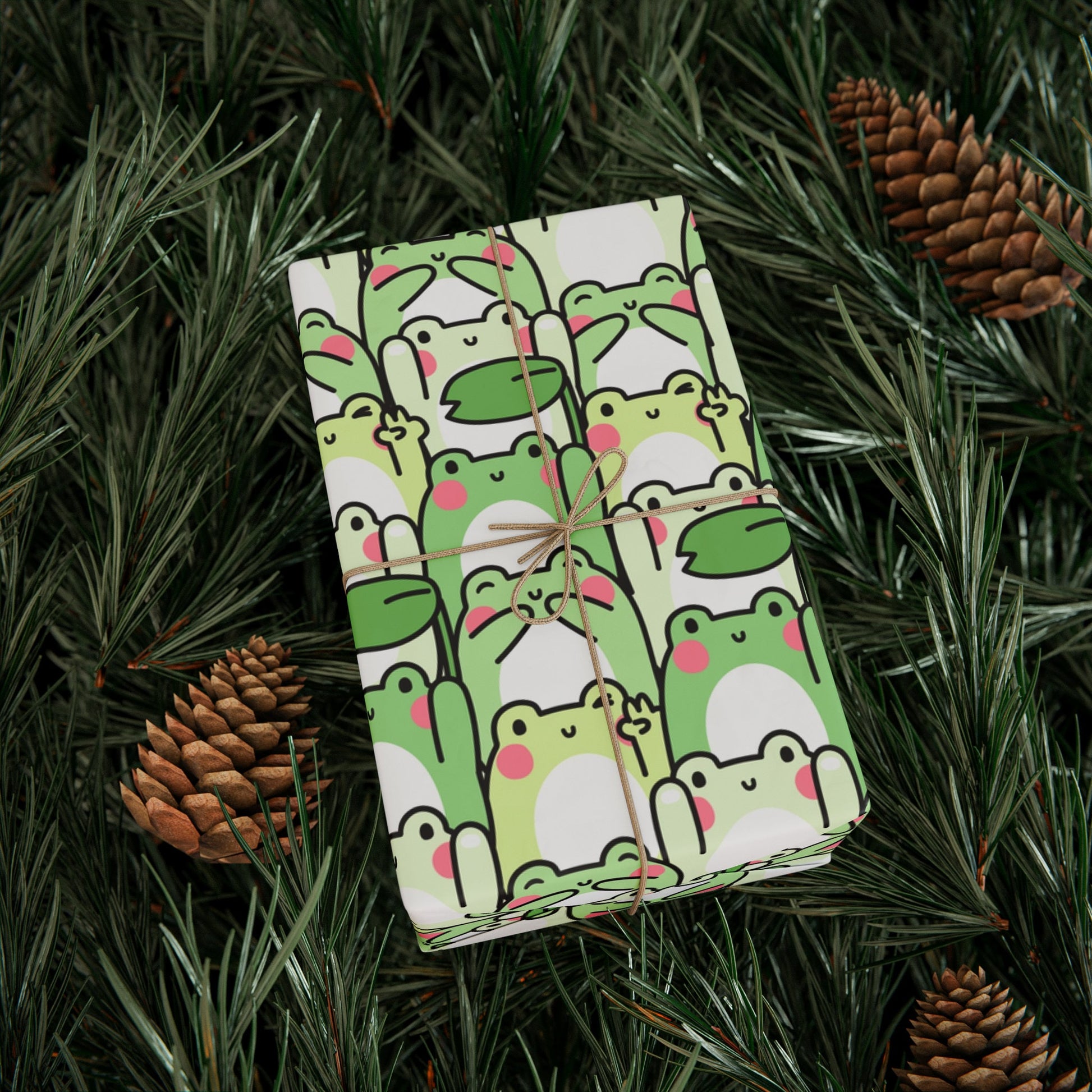 Green Kawaii Frog Gift Wrapping Paper Roll, Cute Gen Z Birthday Wrap Paper for Funny Gift