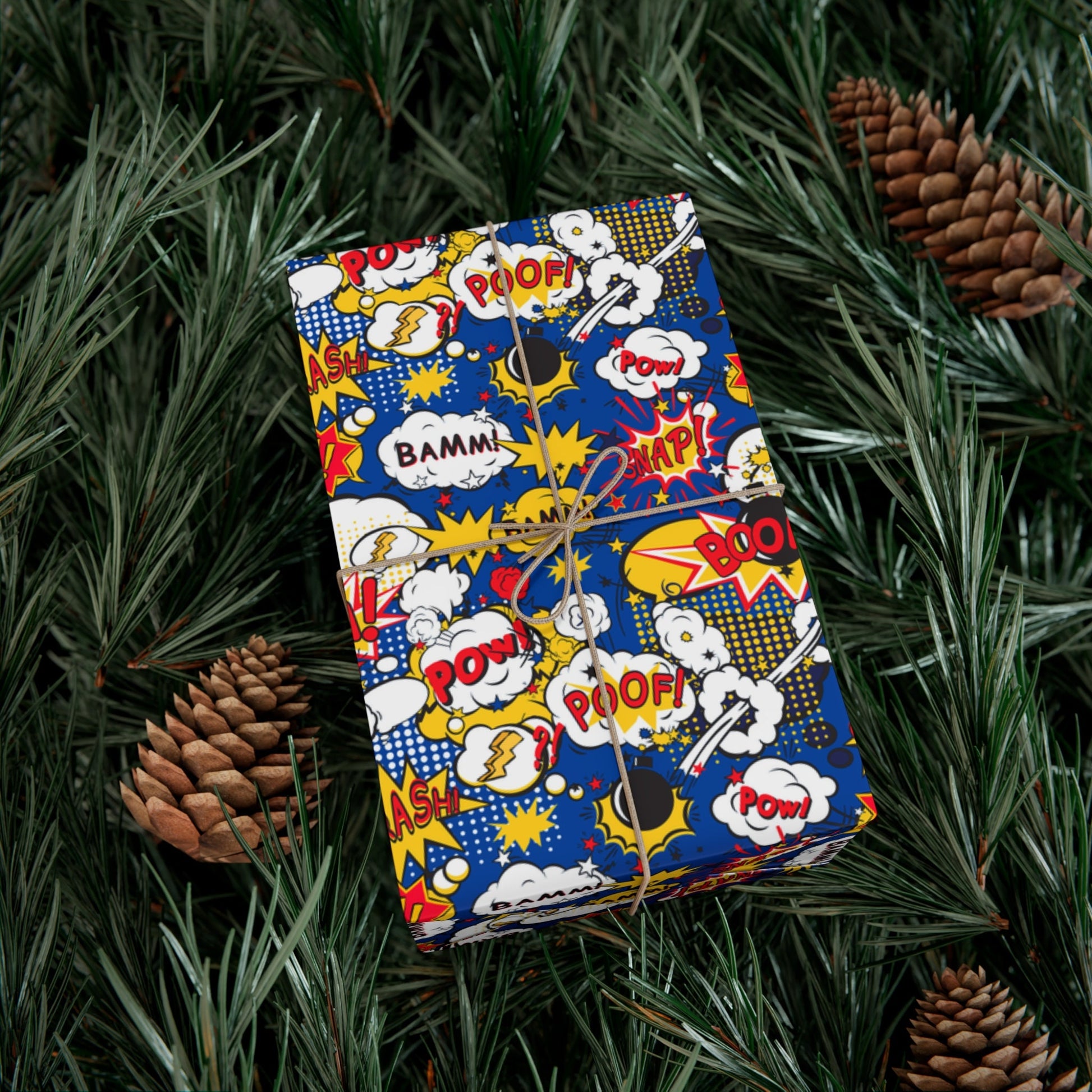 Blue Superhero Wrapping Paper, Fun Cartoon Comic Game Birthday Gift Wrap Paper, Present Paper Roll for Kids