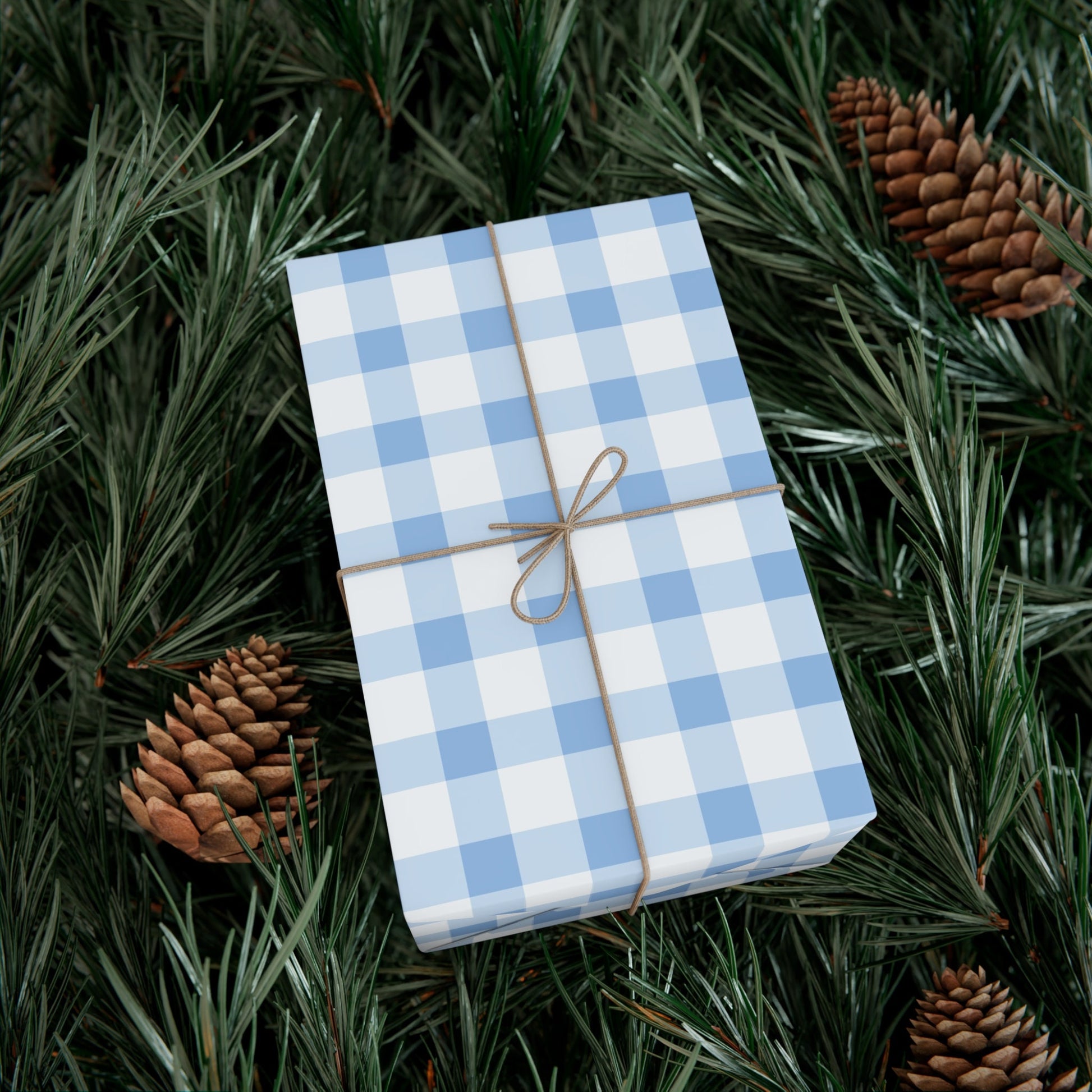 Blue Gingham Wrapping Paper, Cute Checker Plaid Birthday Gift Wrap Paper, Baby Shower, Wedding Present Paper Roll for Her