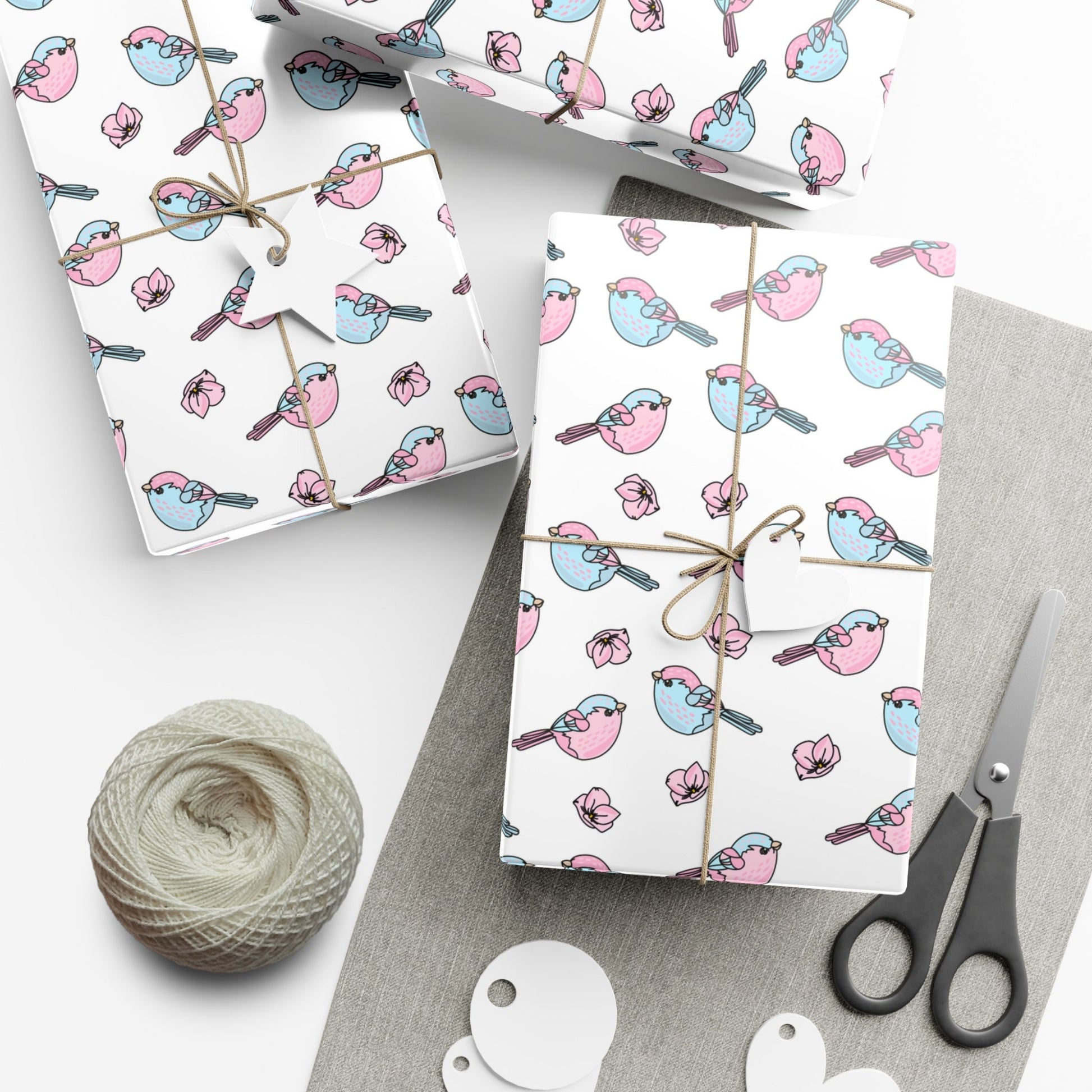 Pink Blue Birds Wrapping Paper, 1st Birthday Wrapping Paper, Unisex Baby Shower Gift Wrap, Floral Wedding Gift Present Paper Roll for Her