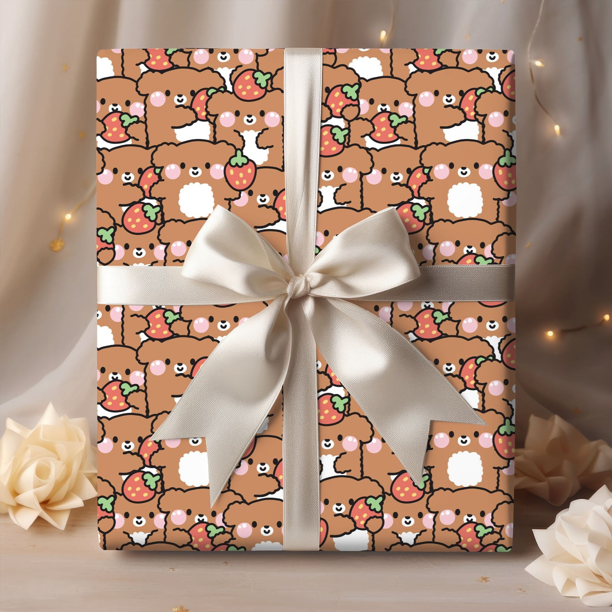 Kawaii Dog Teddy Wrapping Paper, Birthday Wrapping Paper, Cute Gift Wrap, Strawberry Animal Kids Gift Present Paper Roll for Her