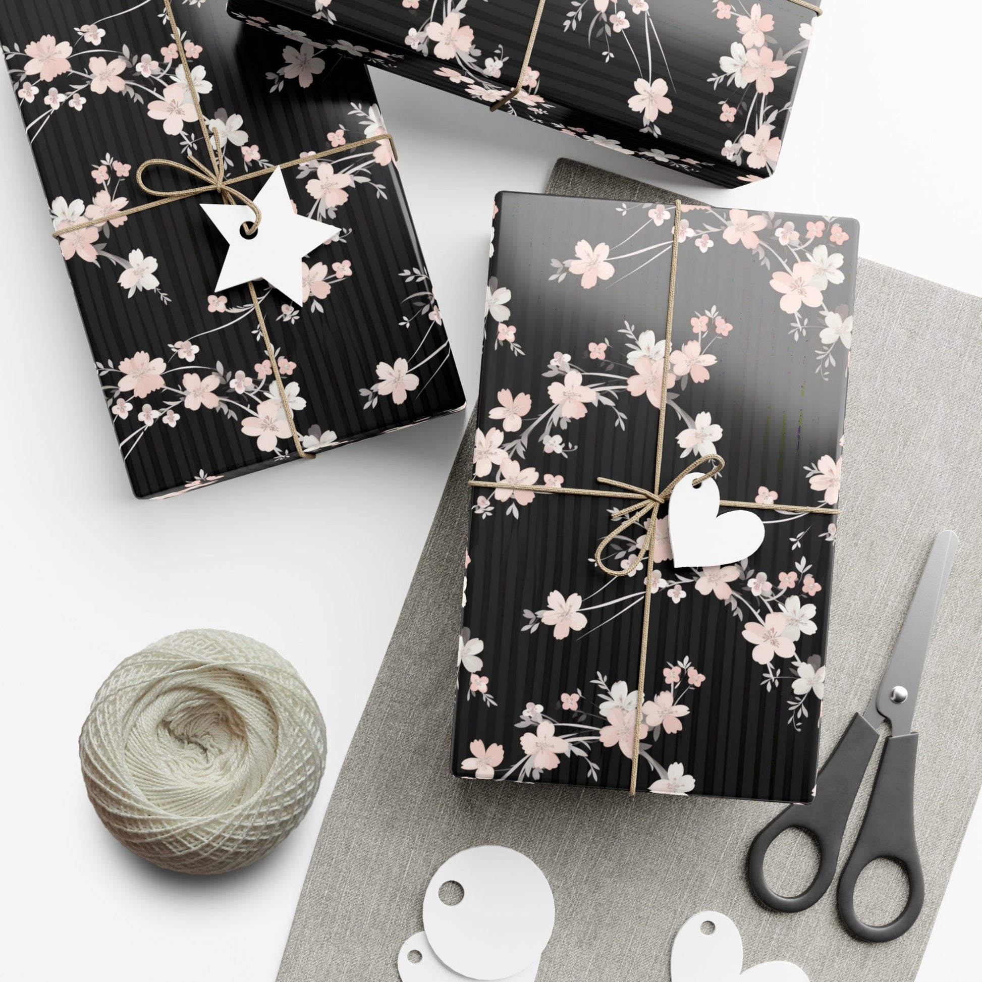 Black Pink Floral Wrapping Paper, Classy Elegant Birthday Gift Wrap Paper, Present Paper Roll for Her