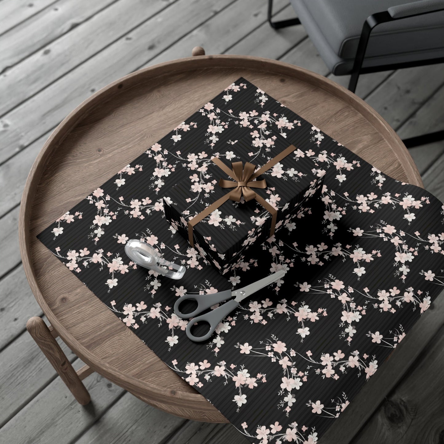 Black Pink Floral Wrapping Paper, Classy Elegant Birthday Gift Wrap Paper, Present Paper Roll for Her