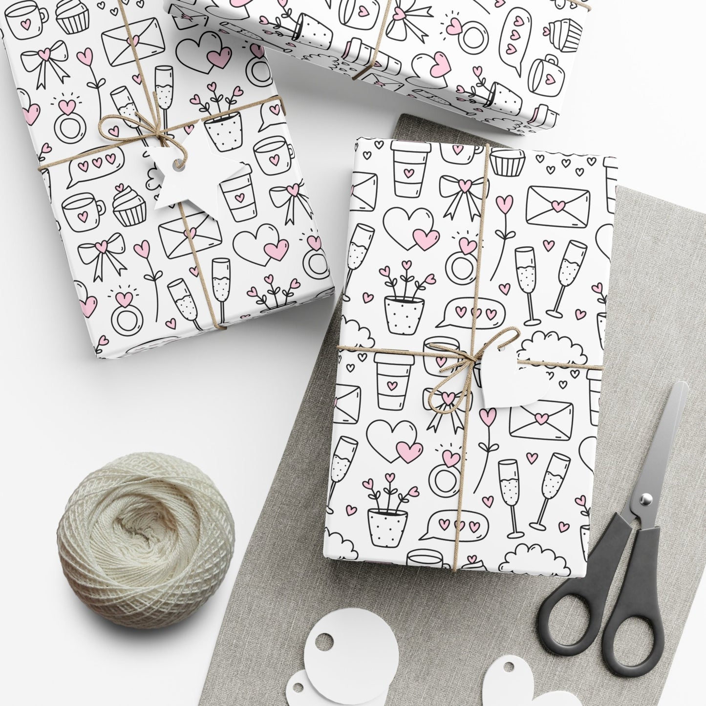Cute Love Doodles Wrapping Paper, White Pink Wedding Wrapping Paper, Valentines Day Gift Wrap, Anniversary Gift Present Paper Roll for Her